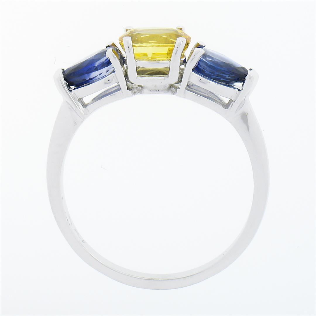 14k White Gold 2.25 ctw Oval Yellow & Pear Cut Blue Sapphire Three 3 Stone Ring