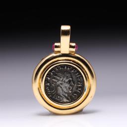 18K Yellow Gold Pendant with Rubies and Imperial Roman Coin
