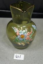 Mossier Art Glass pitcher with Emnameled Flowers and 24k gold paint