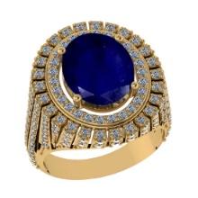 3.92 Ctw VS/SI1 Blue Sapphire and Diamond 14K Yellow Gold Vintage Style Ring (ALL DIAMOND ARE LAB GR