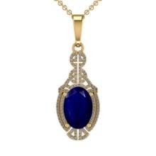 5.45 Ctw VS/SI1 Blue Sapphire And Diamond 14K Yellow Gold Vintage Style NecklaceALL DIAMOND ARE LAB