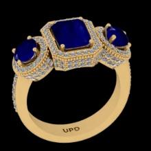 2.85 Ctw VS/SI1 Blue sapphire and Diamond 14K Yellow Gold three stone ring (ALL DIAMOND ARE LAB GROW