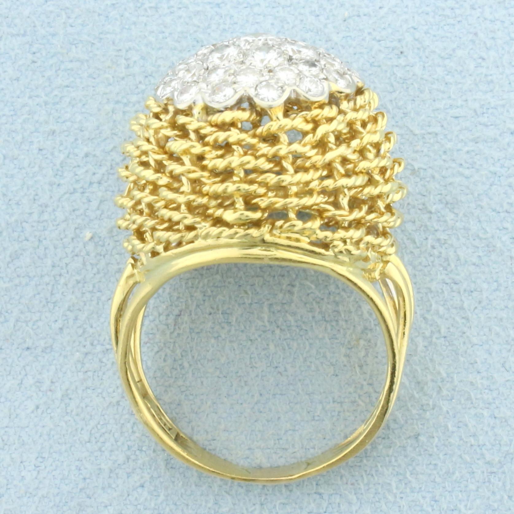 Italian Woven Design Diamond Bombe Ring In 18k Yellow Gold