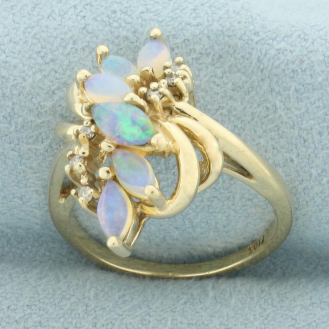 Opal And Diamond Vertical Spray Design Ring In 10k Yellow Gold