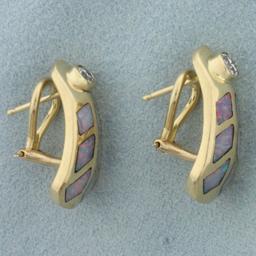 Diamond And Black Opal Inlay Earrings In 14k Yellow Gold