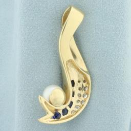 Designer Sapphire, Diamond, And Akoya Pearl Slide Pendant In 14k Yellow Gold