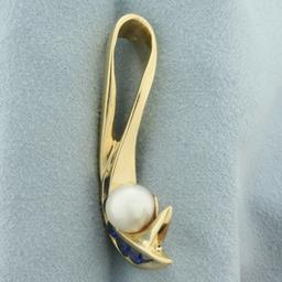Designer Sapphire, Diamond, And Akoya Pearl Slide Pendant In 14k Yellow Gold