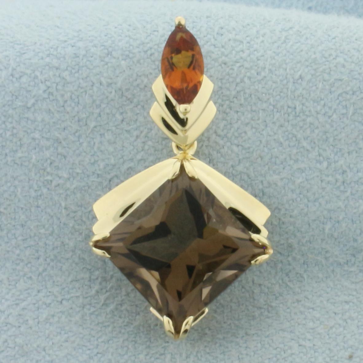 Smoky Topaz And Spessartite Garnet Dangle Pendant Slide In 14k Yellow Gold