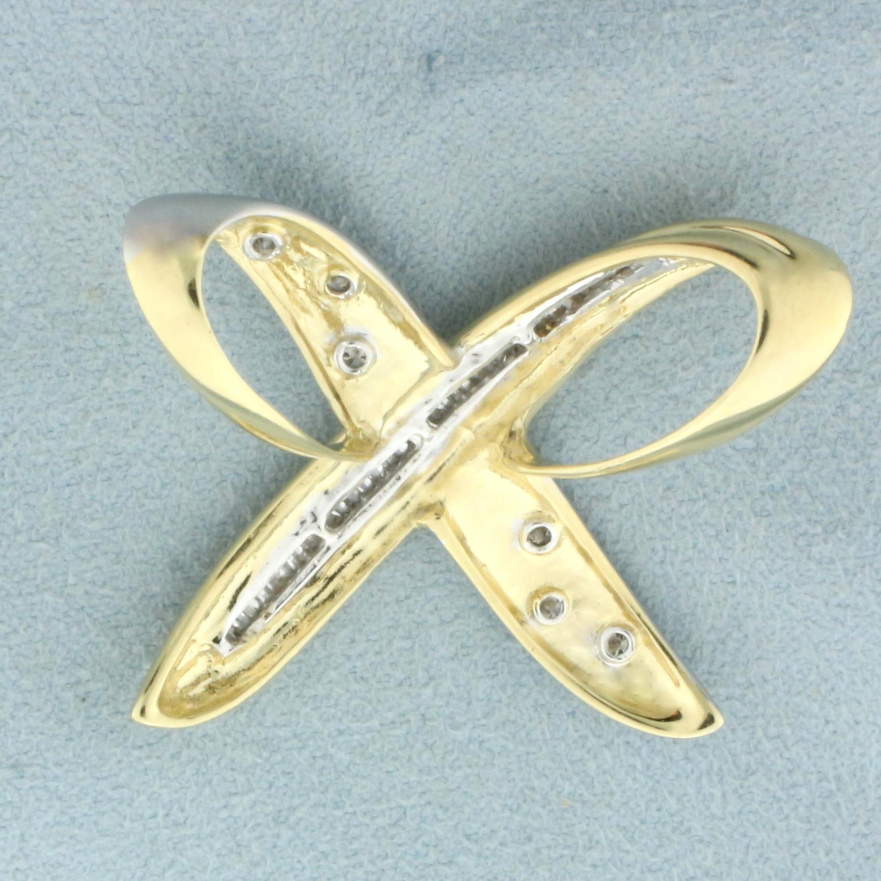 Baguette And Round Diamond X Design Slide Pendant In 14k Yellow And White Gold