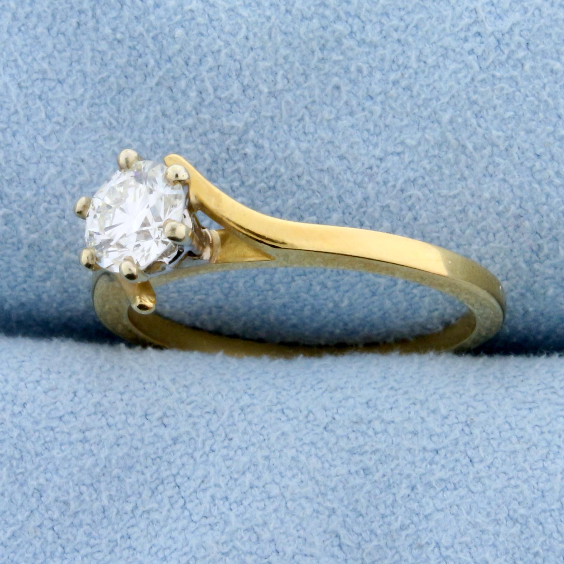 Over 1/2ct Diamond Solitaire Engagement Ring In 14k Yellow Gold Bypass Setting