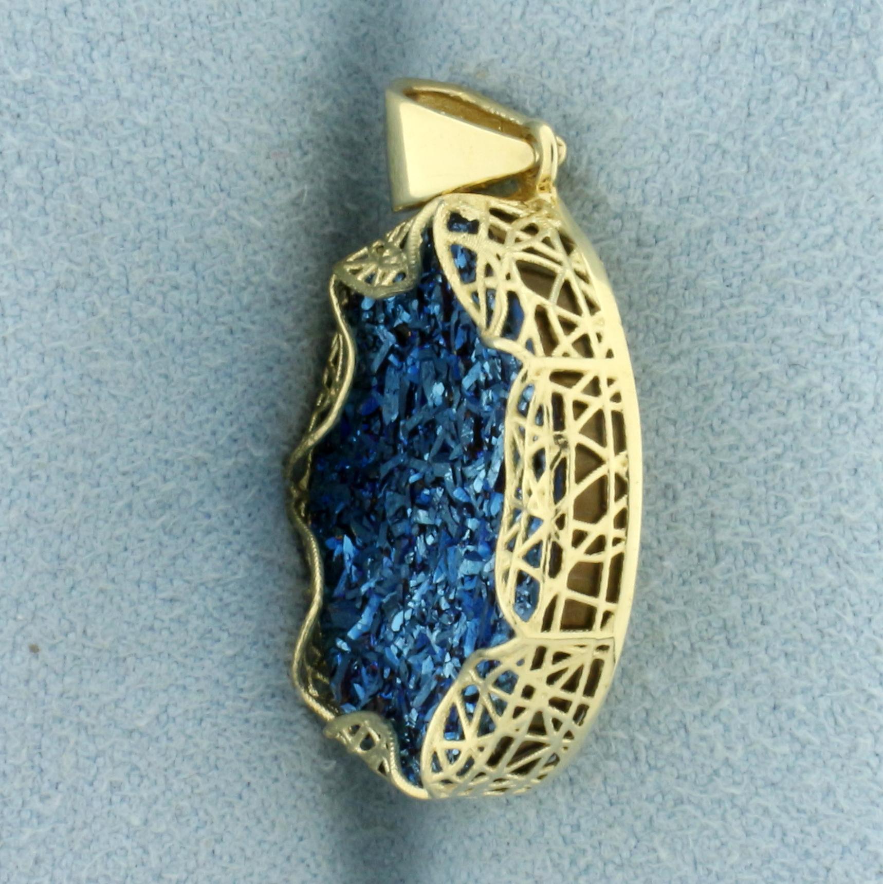 Blue Druzy Quartz Disc Pendant In 14k Yellow Gold