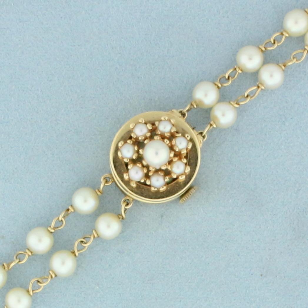 Vintage Honora Akoya Cultured Pearl Concealed Watch In 14k Yellow Gold