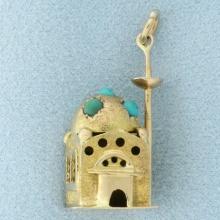 Turquoise Mosque Charm In 14k Yellow Gold