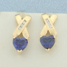 Heart Sapphire And Diamond Earrings In 14k Yellow Gold