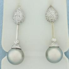 Tahitian Pearl And Pave Diamond Dangle Earrings In 18k White Gold