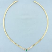 Emerald And Diamond Omega Necklace In 14k Yellow Gold