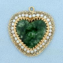 Vintage Jade And Pearl Heart Pendant In 14k Yellow Gold