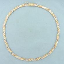 Italian 16 Inch Tri Color Designer Link Necklace In 14k Yellow, White And Rose Gold