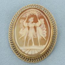 Dancing Three Graces Carved Shell Cameo Pendant Or Brooch In 14k Yellow Gold