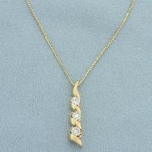 Italian Ribbon Design 3 Stone Diamond Necklace In 14k Yellow Gold