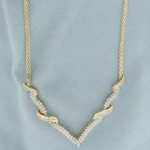 Italian Baguette And Round Diamond V Necklace In 14k Yellow Gold