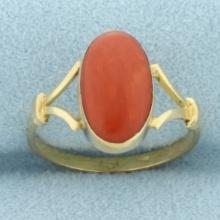 Bezel Set Red Coral Solitaire Ring In 18k Yellow Gold