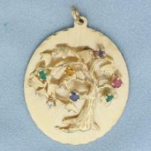 Multi Gemstone Tree Of Life Medallion Pendant Or Large Charm In 14k Yellow Gold