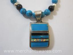 Beaded Necklace with Sterling Silver Pendant with Inlaid Opal