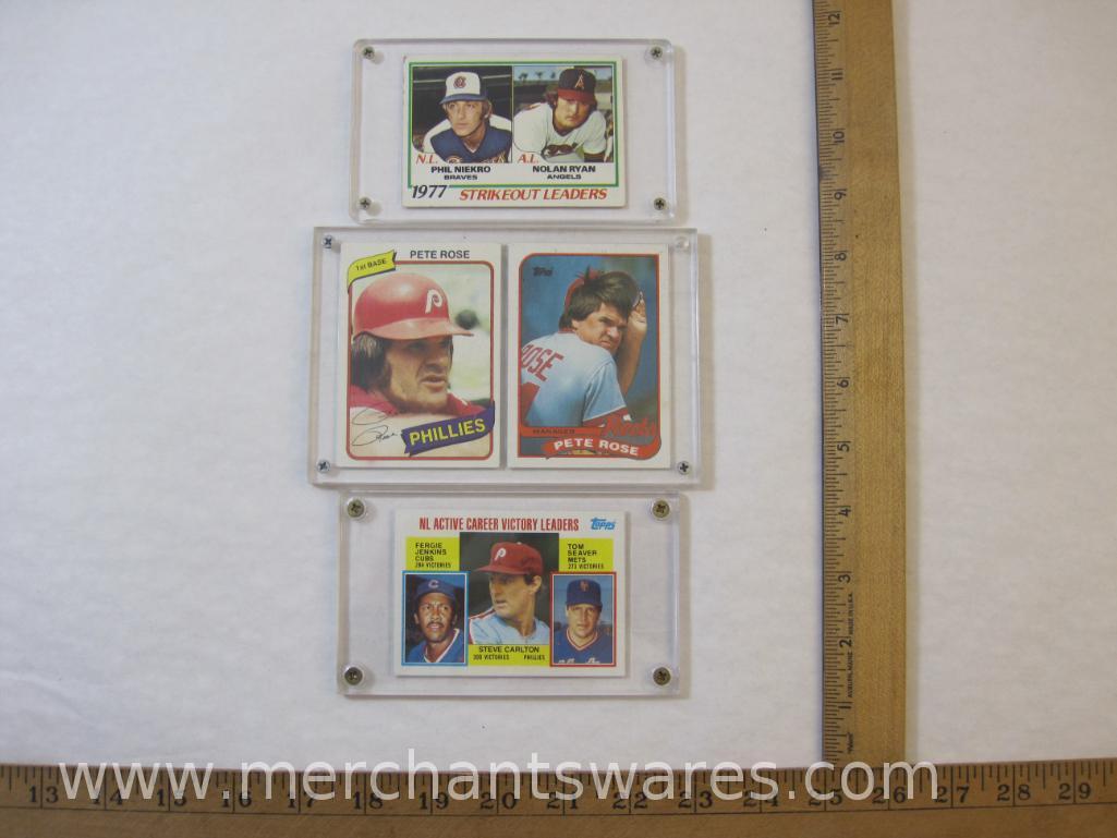 Four Vintage Baseball Cards in Plastic Displays including 1977 Strikeout Leaders Phil Niekro and