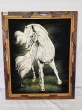 Acrylic on Velvet Handpainted Stallion, Wood Frame
