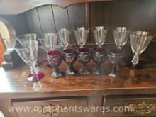Set of 8 Wine Goblets with Red Glass Bases, 4 Ruby Red Cut Glass Cordial Glasses