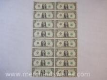 Uncut Sheet of 16 United States One Dollar Bills, 1985 Series, in original packaging, see pictures