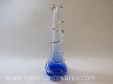 Handblown Glass Bud Vase, Blue Glass with Clear Glass Leaf, approx 12 inches tall, 1lb 5oz