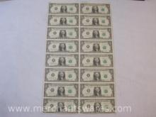 Uncut Sheet of 16 United States One Dollar Bills, 1985 Series, in original packaging, this item may