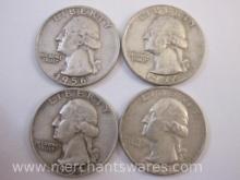 Four US Silver Washington Quarters: 1956-D, 1957-D, 1959-D and 1960-D