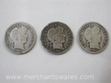 Three US Barber Dimes, 1906-D, 1913, 1914-D