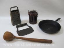 Cast Iron Frying Pan, Grater, Bail-top Cheese/Butter Crock, Solid Metal Chopper and more