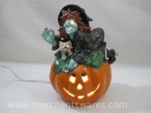 Ceramic Witch and Cat On Pumpkin Halloween Lamp