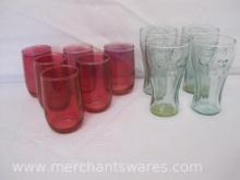 Four Small "Coca-Cola" Glasses, Genuine Georgia Green #30164, with Six Red Juice Glasses