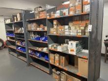 (Lot) Hardware and Parts on 4 Section of Shelving C/O: Ball Valves, Heater Gas Valves, Electronic Ma