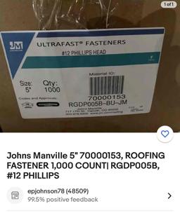 New Bucket of Johns Manville 4" Roofing Fasteners 1,000 count