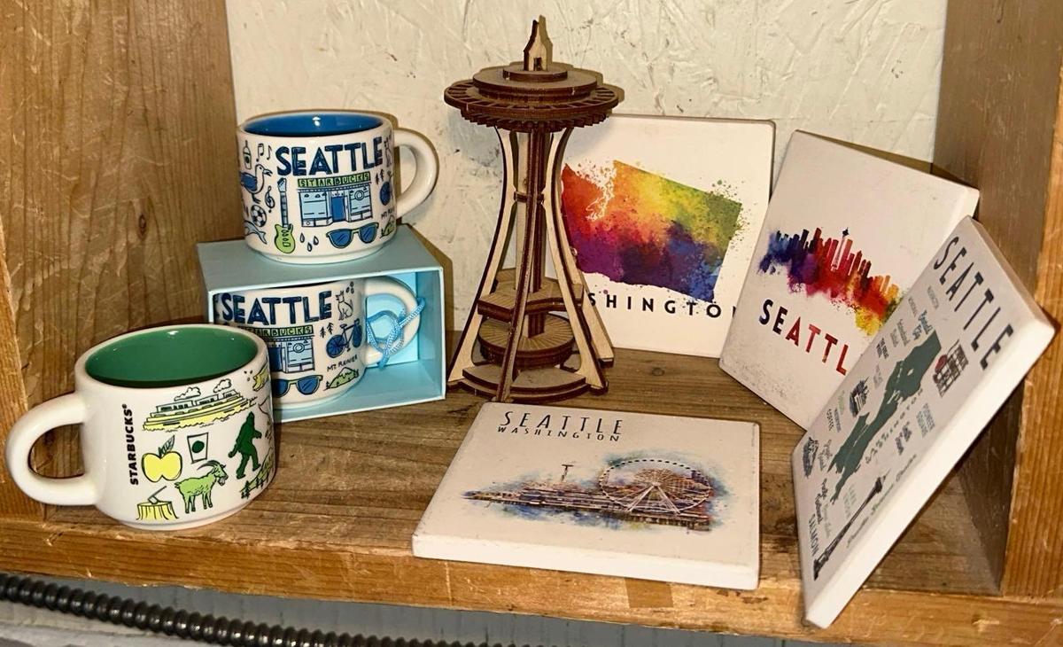 3 New Mini Starbucks Mugs, Wooden Space Needle Model and Seattle Coasters