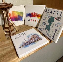 3 New Mini Starbucks Mugs, Wooden Space Needle Model and Seattle Coasters