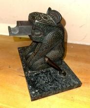Bronze & Marble Aztec Style Jaguar Stamp Dispenser and Pen holder
