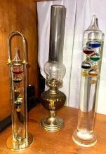 2 Galileo Colorful Thermometers and Vintage Kerosene Lantern with chimney