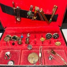 Vintage Box of Men's Jewelry-Cufflinks, Pins, Tie Tacks and Tie Bars