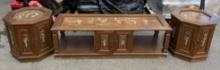 Vintage Japanese Coffee table and 2 End table Set with Beautiful carved stone inlay