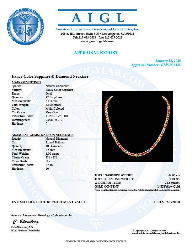 14k Gold 42.00ct Sapphire 1.00ct Diamond Necklace