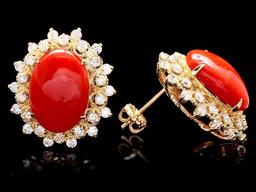14k Gold 8.00ct Coral 1.50ct Diamond Earrings