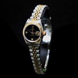 Rolex Two-Tone DateJust 26mm Factory (2) Diamonds Black Onix Dial Womens Wristwatch